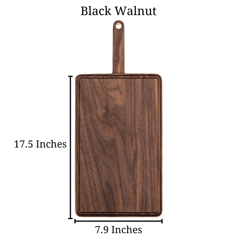 Size of the Product image of the Black Walnut Wooden Cutting Board that is 17.5 inches by 7.9 inches.