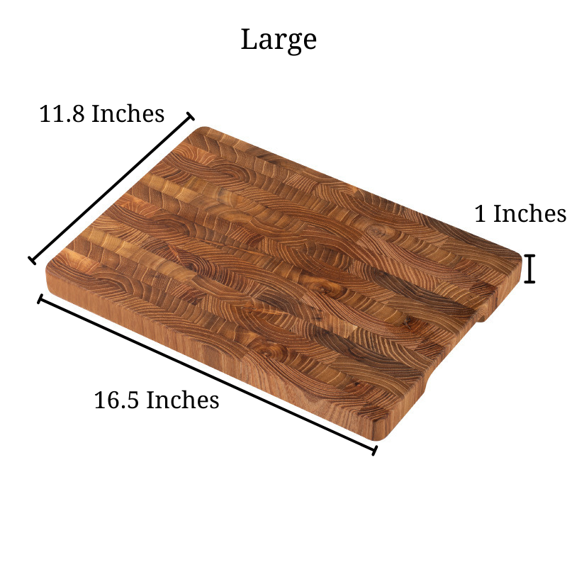 Size of the large Walnut Wood Chopping Board, that's 16.5 inches by 11.8 inches by 1 inch.