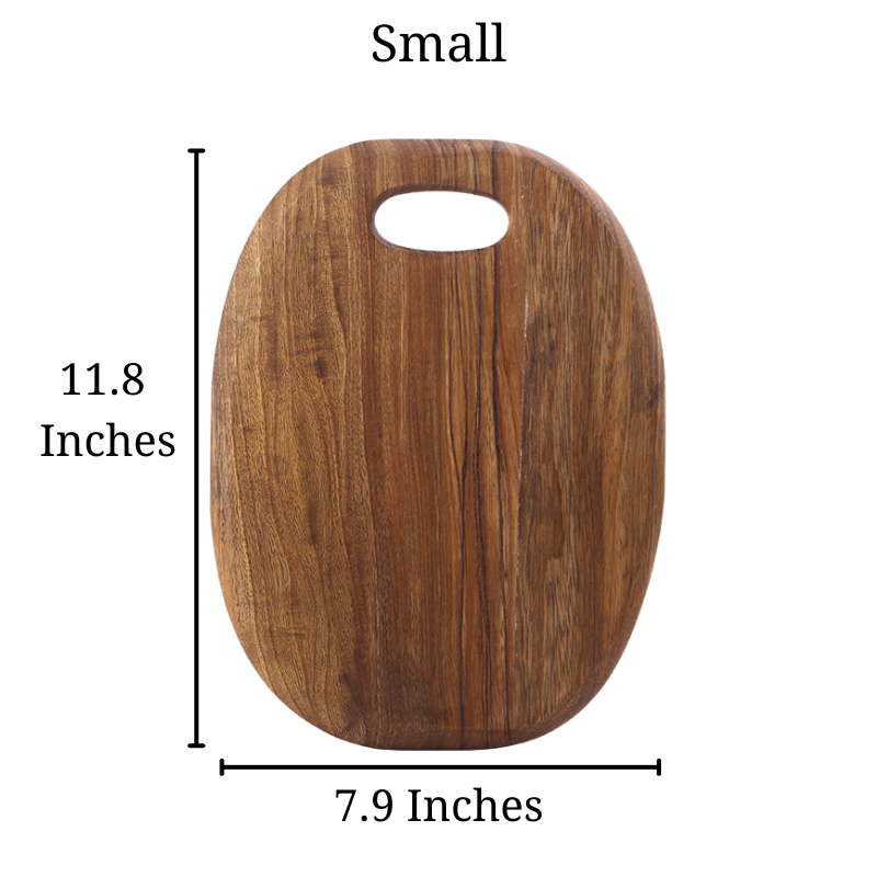 Size of the small One-Piece Zebra Wood Cutting Board, that's 11.8 inches by 7.9 inches and has beautiful wood coloration.