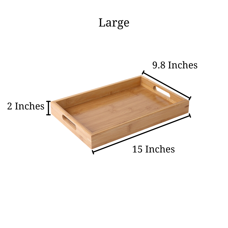 sizing photo for Large Bamboo Serving Tray measuring to be 9.8 by 15 and 2 inches tall