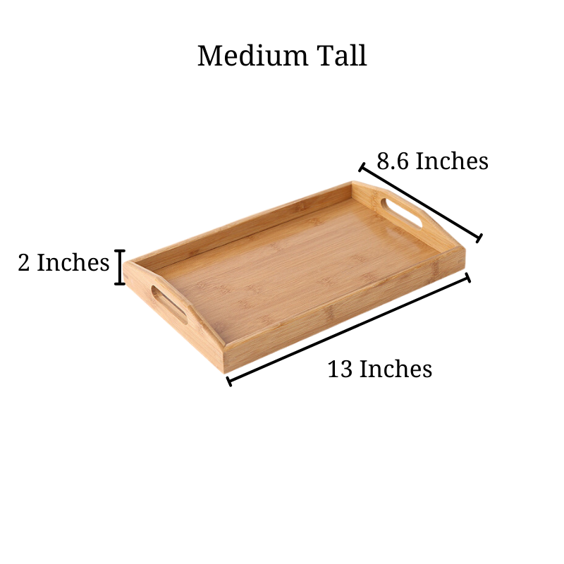 sizing photo for medium-tall Bamboo Serving Tray measuring to be 8.6 by 13 and 2 inches tall