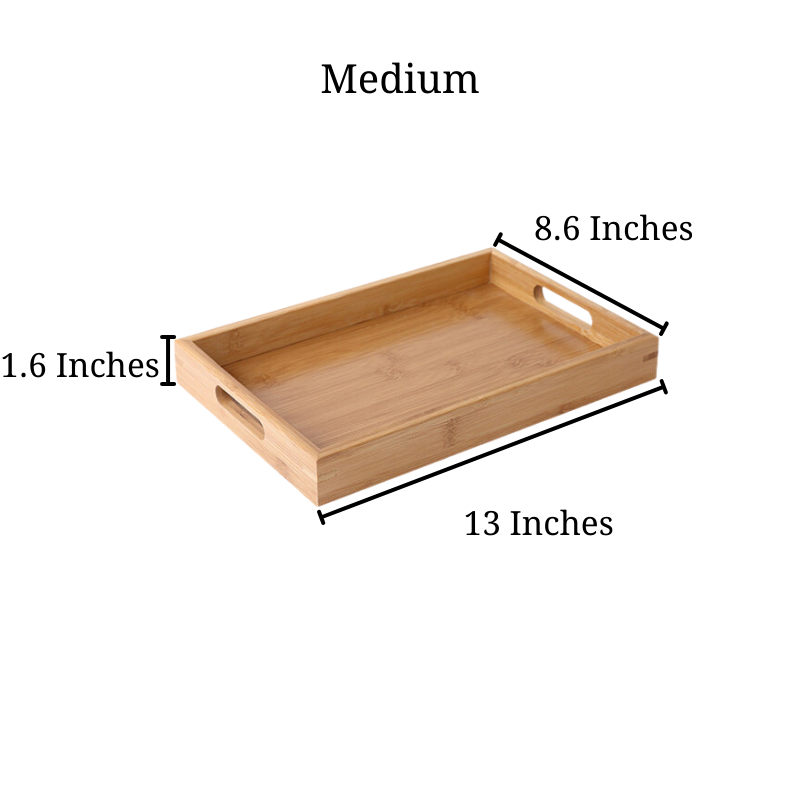 sizing photo for medium Bamboo Serving Tray measuring to be 8.6 by 13 and 1.6 inches tall
