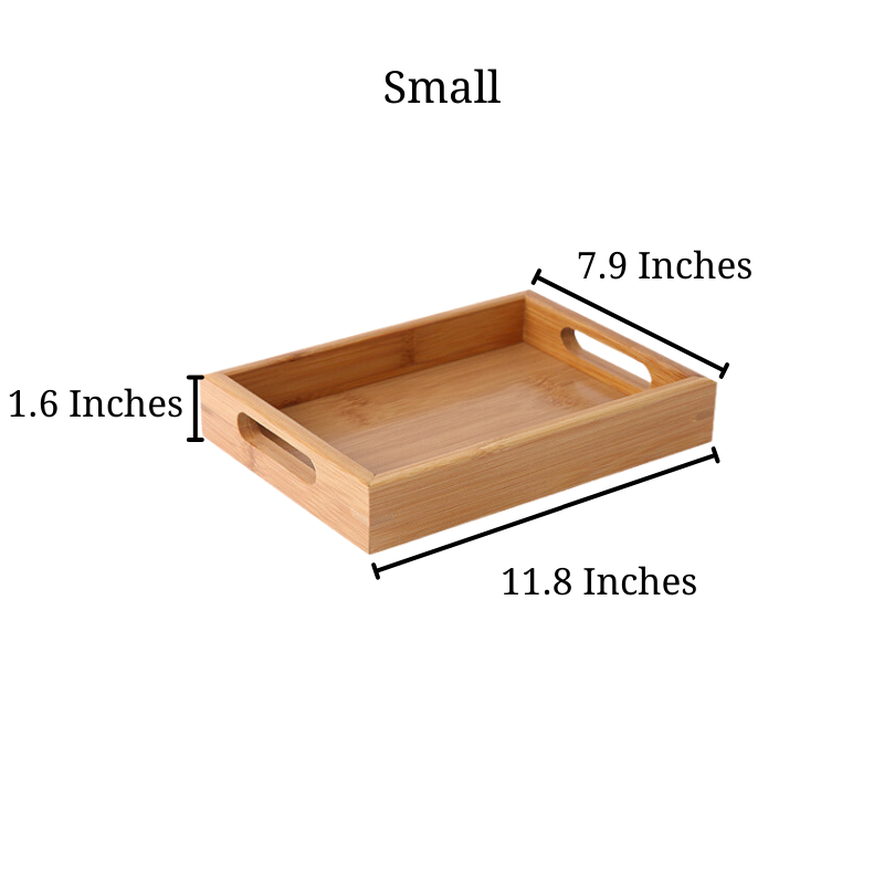 sizing photo for small Bamboo Serving Tray measuring to be 7.9 by 11.8 and 1.6 inches tall
