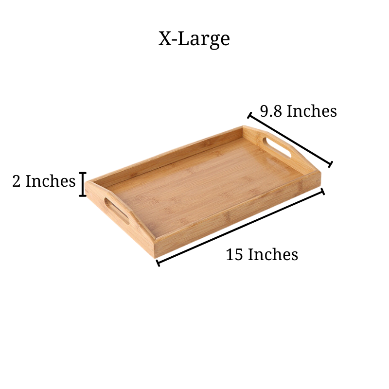 sizing photo for X-large Bamboo Serving Tray measuring to be 9.8 by 15 and 2 inches tall