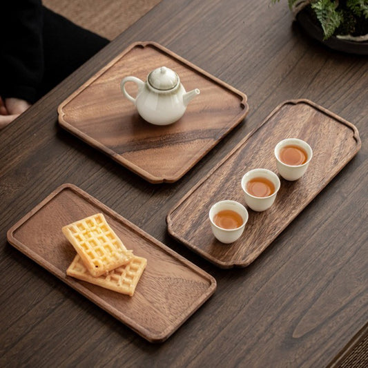 3 types of Irregular Cornered Walnut Trays, the beogina, small rectangle, and square laced tray.