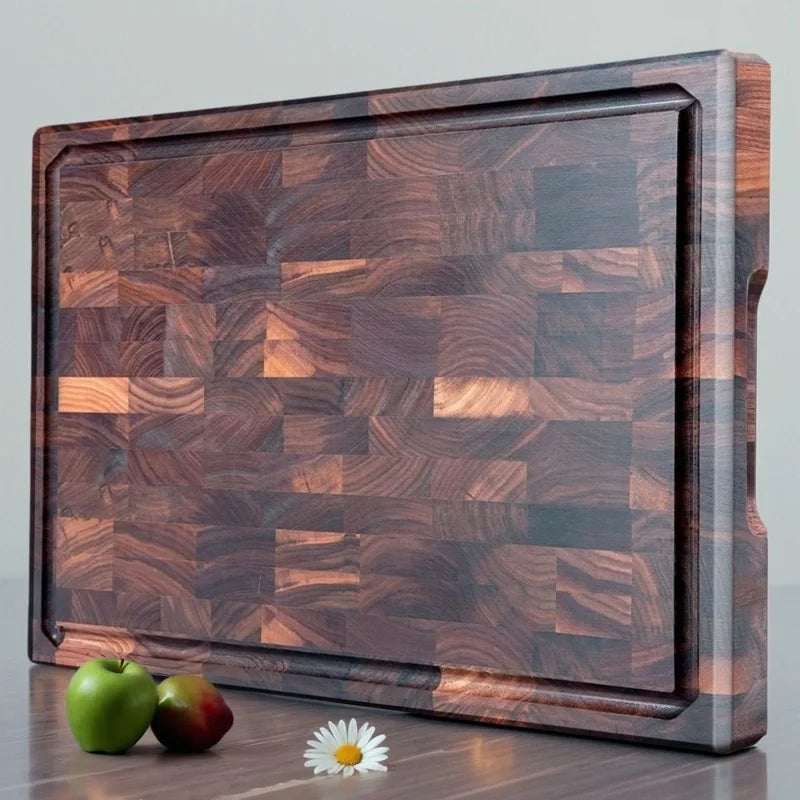 The Rectangular Black Walnut End-Grain Cutting Board standing horizontally.