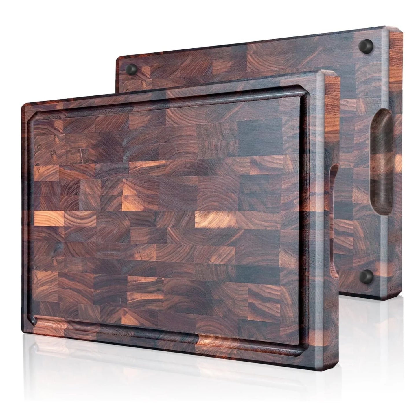The top and bottom of the Rectangular Black Walnut End-Grain Cutting Board.