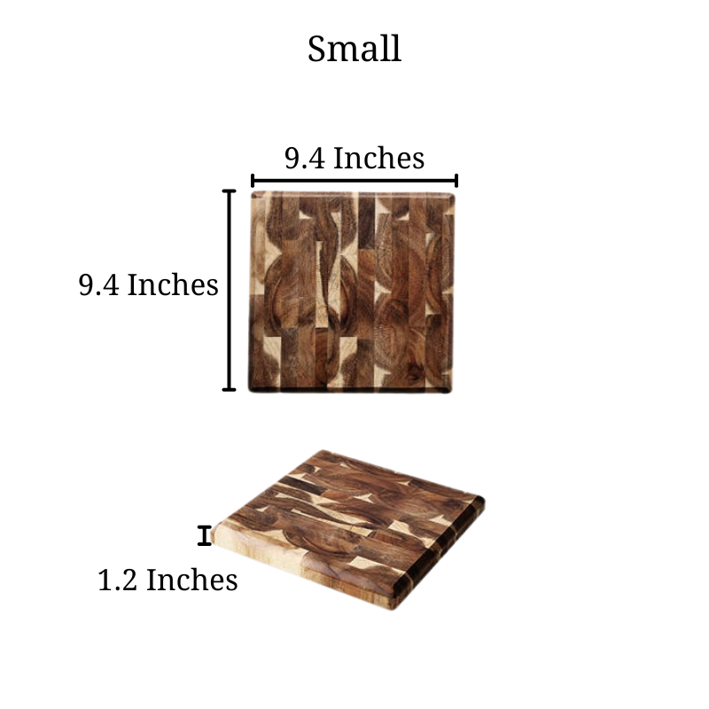 Size of the small Parquet Acacia Wood Cutting Board, that's 9.4 inches by 9.4 inches and is 1.2 inches thick.