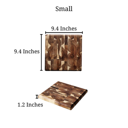 Size of the small Parquet Acacia Wood Cutting Board, that's 9.4 inches by 9.4 inches and is 1.2 inches thick.