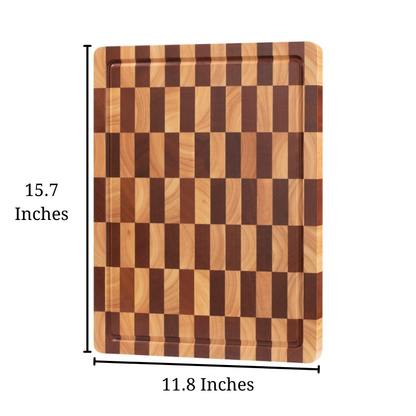 Size of the Acacia End-Grain Checkerboard Wooden Butcher Block that is 15.7 inches by 11.8 inches.