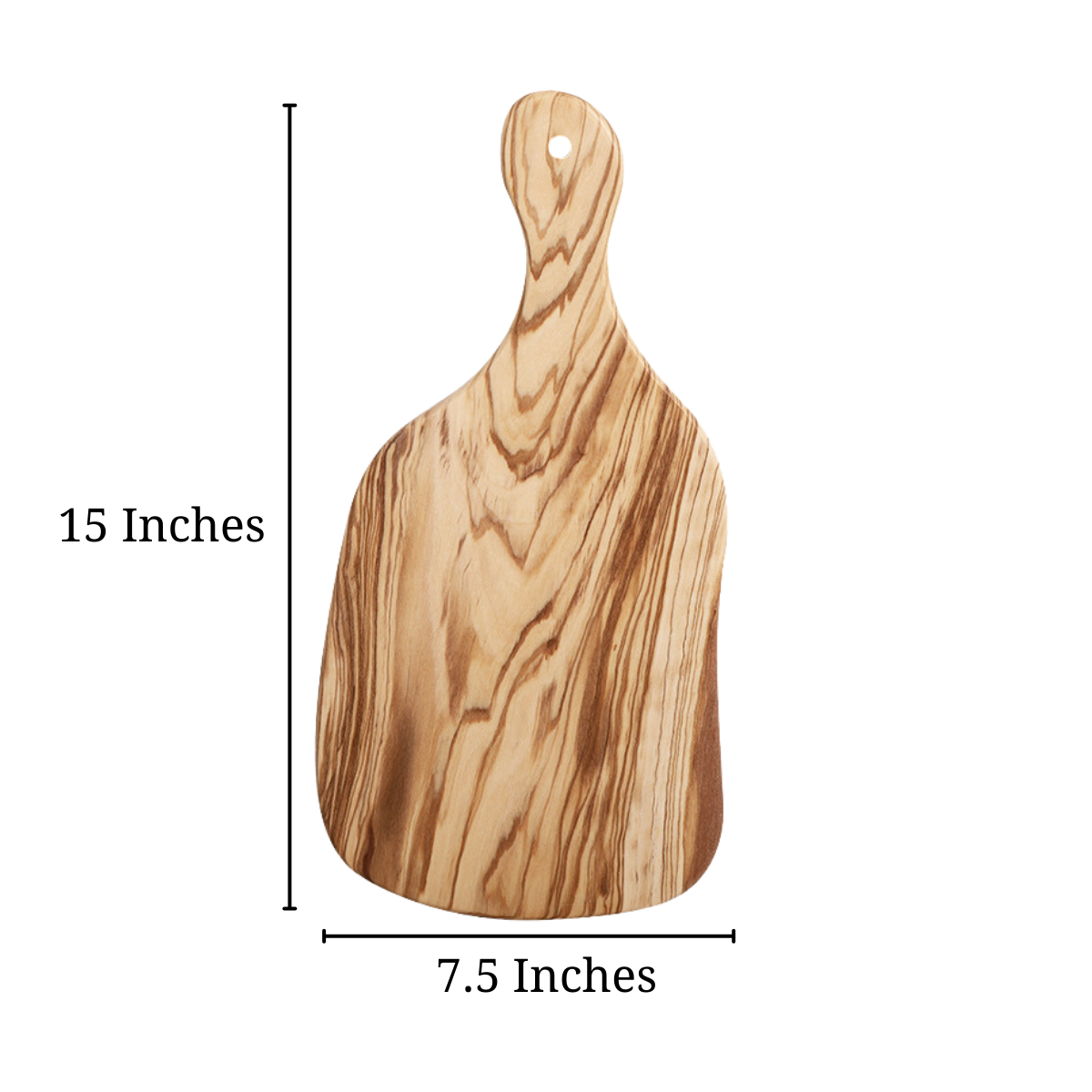 Size of the Olive Wood Irregular Cutting Board that is 15 inches long and 7.5 inches wide.