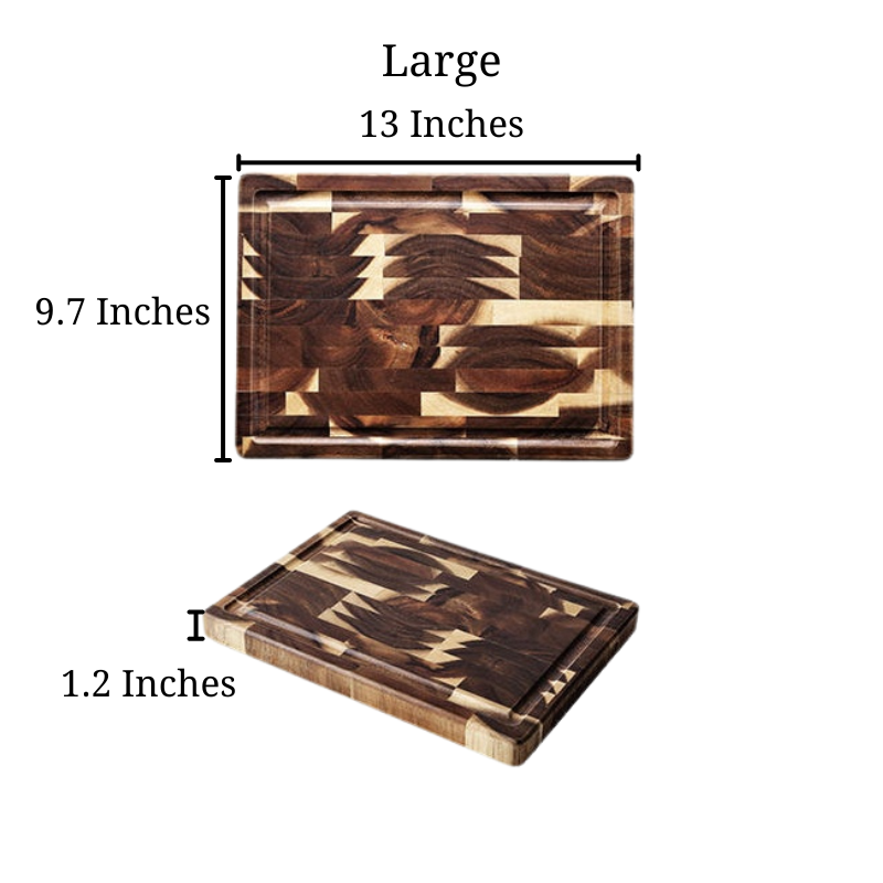 Size of the large Parquet Acacia Wood Cutting Board, that's 13 inches by 9.7 inches by 1.2 inches.