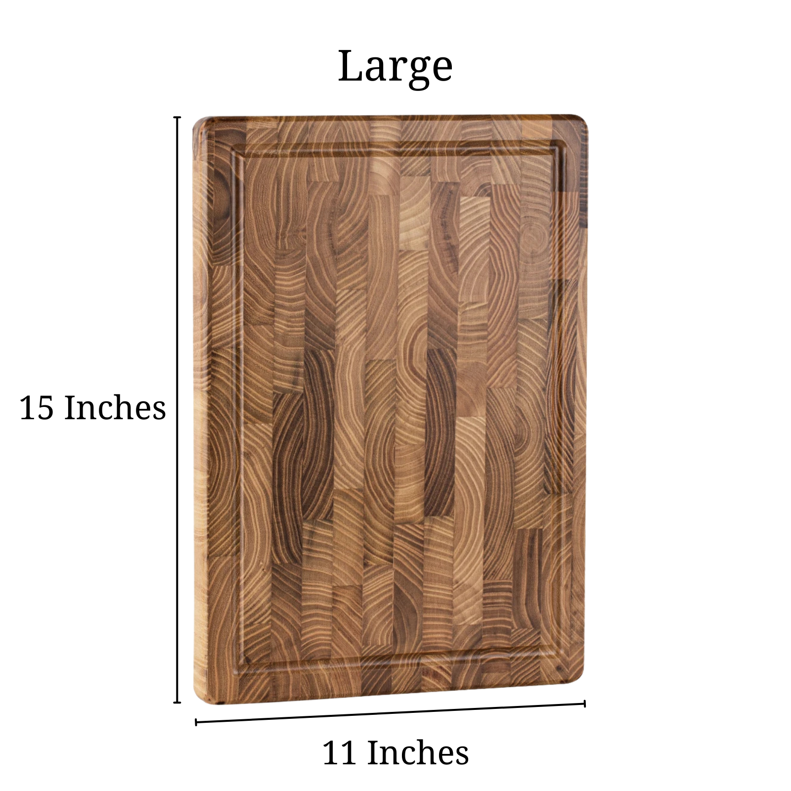 Size of the large Teak Wood End-Grain Cutting Board that's 15 inches long, and 11 inches wide.