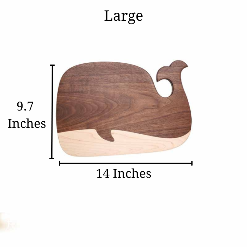 Size for the large Black Walnut and Maple Whale Cutting Board, that's 14 inches by 9.7 inches.