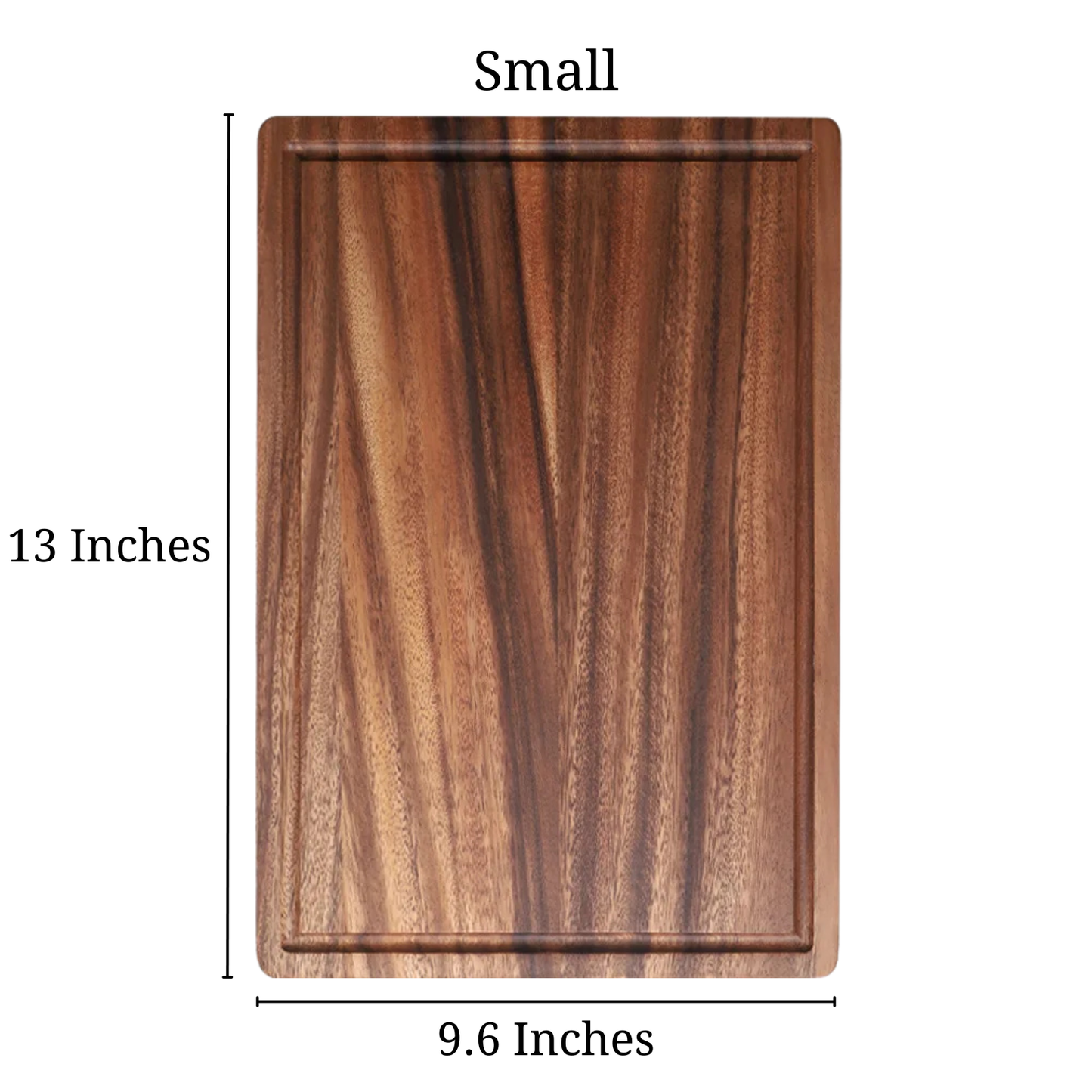 Size of the small Acacia Thick One-Piece Wood Cutting Board that's 13 inches long and 9.6 inches wide.