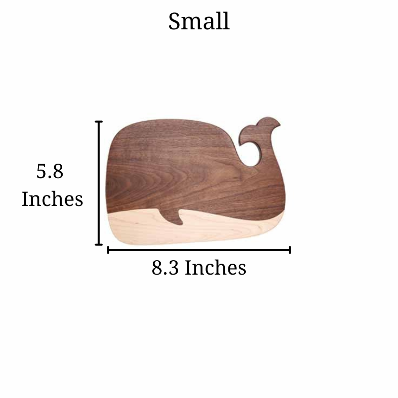 Size of the small Black Walnut and Maple Whale Cutting Board, that's 8.3 inches by 5.8 inches.