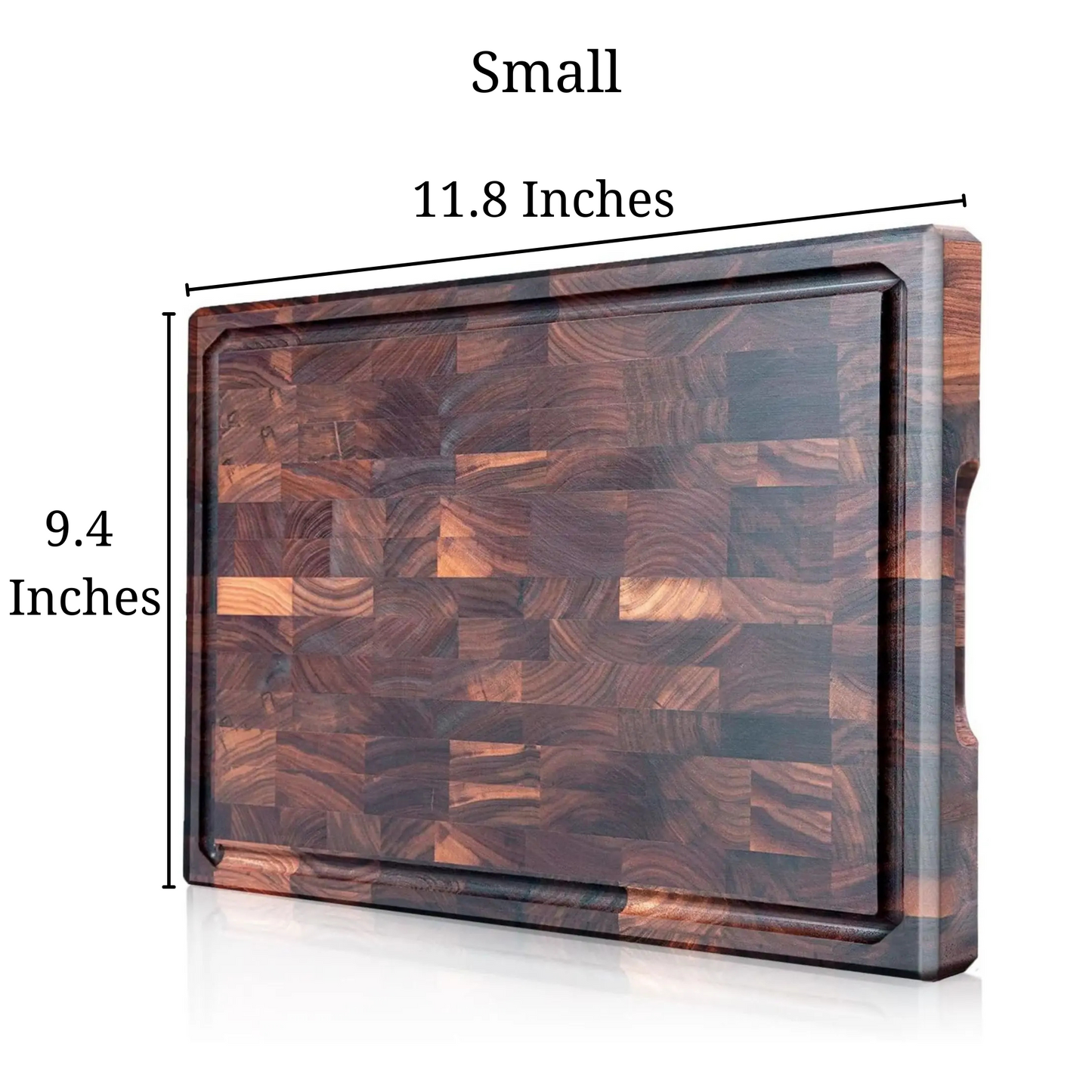 Size of the small Rectangular Black Walnut End-Grain Cutting Board that is 11.8 inches long and 9.4 inches wide.