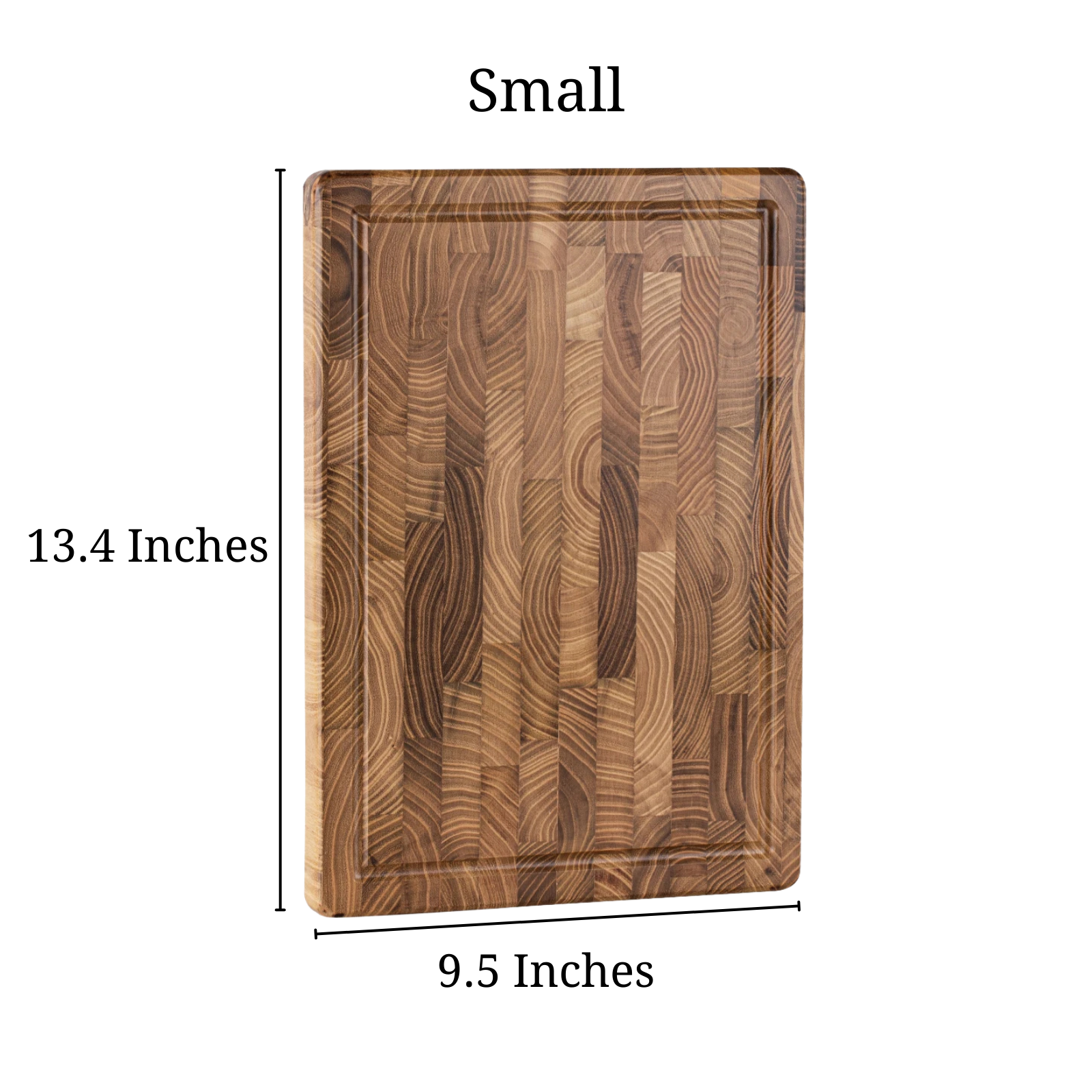 Size of the small Teak Wood End-Grain Cutting Board that's 13.4 inches long, and 9.5 inches wide.
