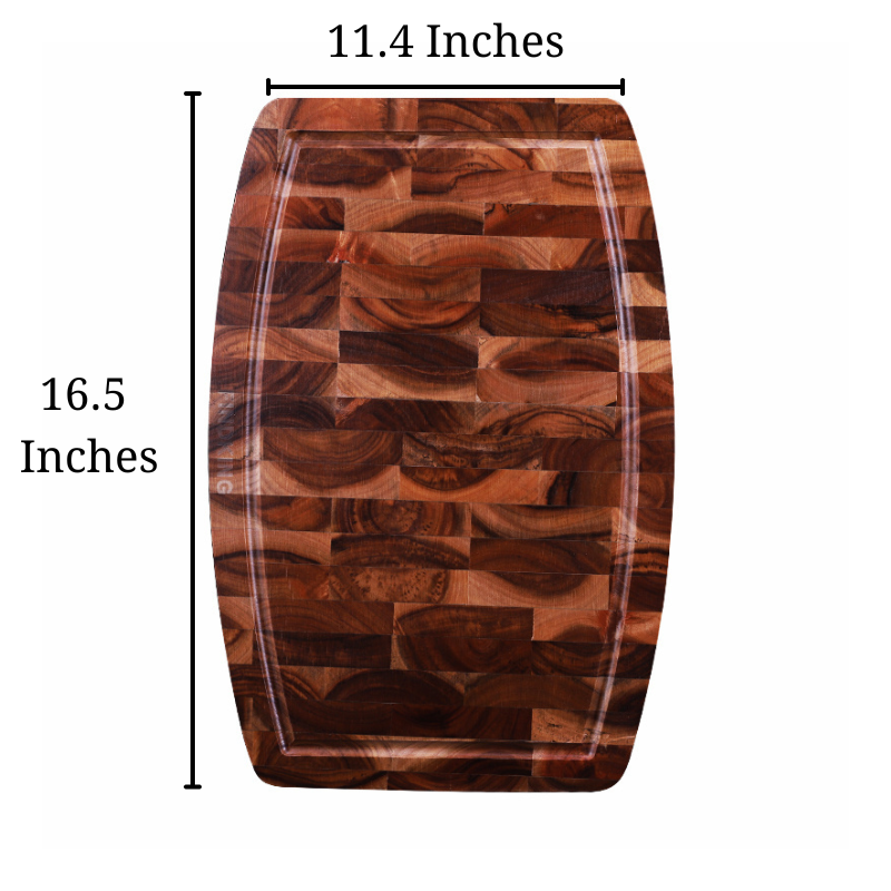 Sizing for the Wooden Walnut End-Grain Cutting Board, which is 16.5 inches x 11.4 inches x 2 inches.
