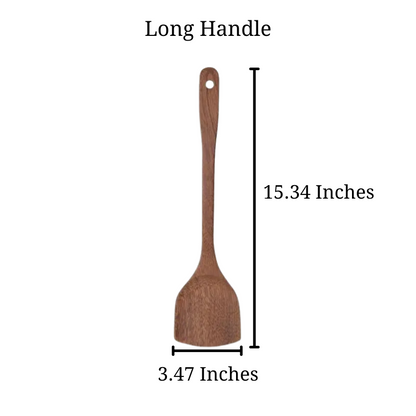 Shows sizing for long handle Jichimu Wood Spatulas, showing it 15.34 inches long, and 3.74 inches wide.
