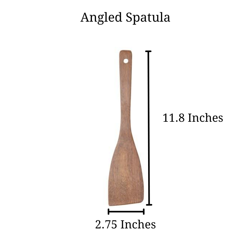 Shows sizing for angled Jichimu Wood Spatulas, showing it 11.8 inches long, and 2.75 inches wide.
