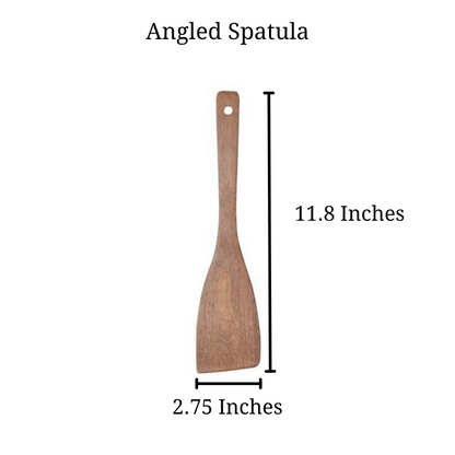 Shows sizing for angled Jichimu Wood Spatulas, showing it 11.8 inches long, and 2.75 inches wide.
