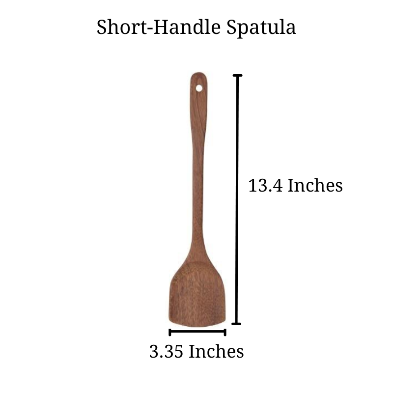 Shows sizing for short handle Jichimu Wood Spatulas, showing it 13.4 inches long, and 3.35 inches wide.