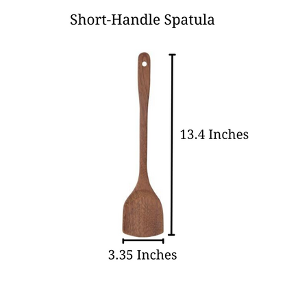 Shows sizing for short handle Jichimu Wood Spatulas, showing it 13.4 inches long, and 3.35 inches wide.