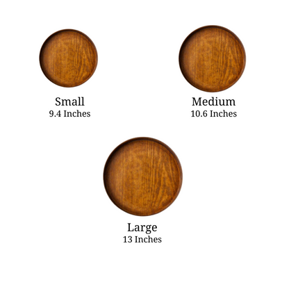 Sizes for 3 Ash Wood Round Serving Tray, small (9.4 Inches), medium (10.6 Inches), and large (13 Inches)