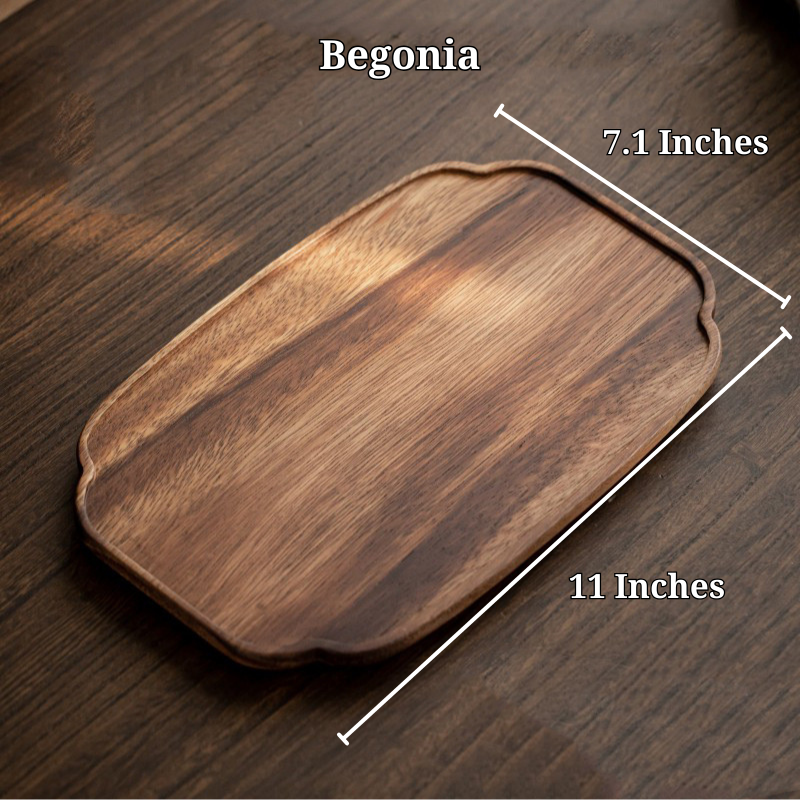 Sizing photo of the Begonia Irregular Cornered Walnut Tray, at 11 inches to 7.1 inches.