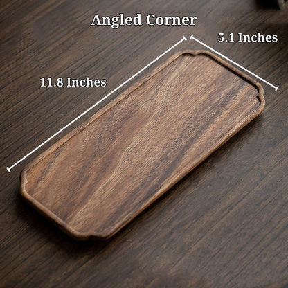 Sizing photo of the angled corner Cornered Walnut Tray, at 11.8 inches to 5.1 inches.
