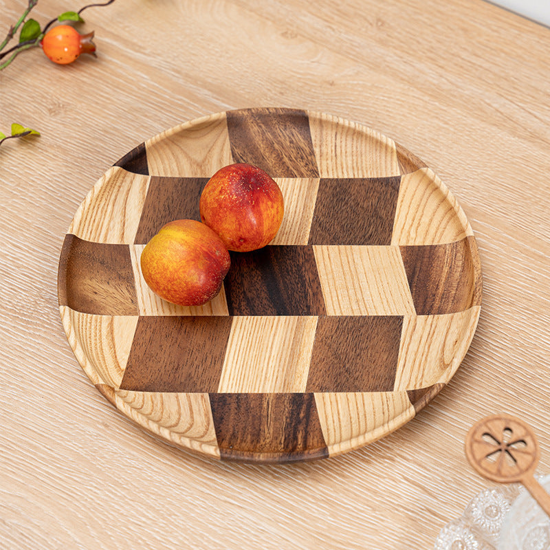 Shows a pair of peaches on the X-Large size of the wooden checkered tray set.