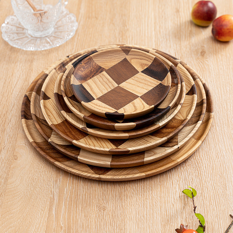 Shows the entire Checkered Wooden Tray set stacked on top of itself, with a total of 5 wood trays.